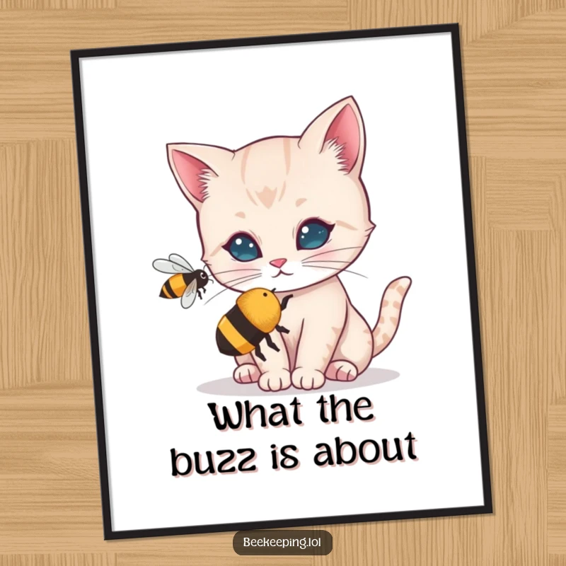Funny Free Printable Wall Art: A curious cat sniffing intently at a bewildered, buzzing bee.