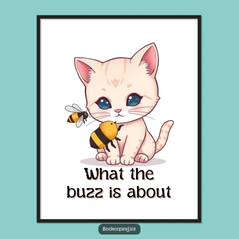 Free Printable Funny Cat Wall Art: Curious Kitty & Bee Humorous Downloadable Decor