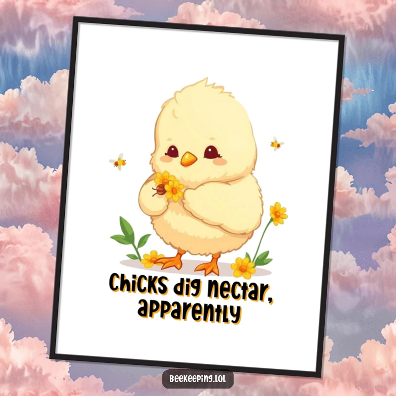 Funny Free Printable Wall Art: A fluffy chick with a tiny basket collecting nectar from a bloom.