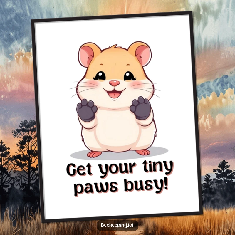 Funny Free Printable Wall Art: A smiling hamster wearing tiny work gloves, looking determined.