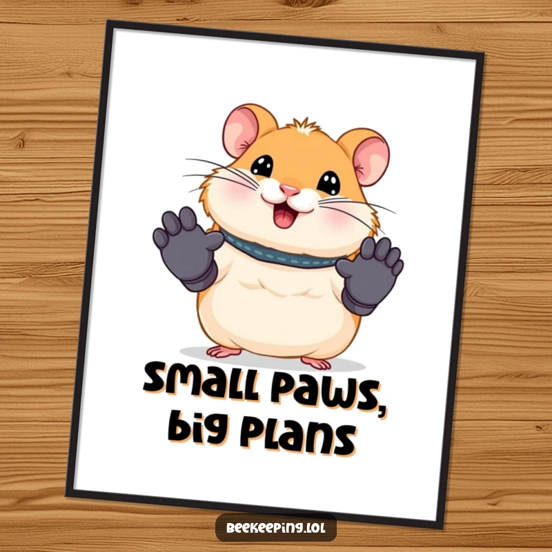 Funny Free Printable Wall Art: A smiling hamster wearing tiny gloves, looking ready for any task.
