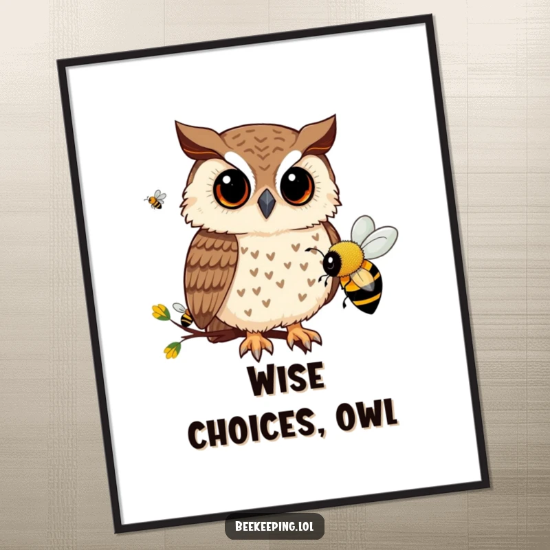 Funny Free Printable Wall Art: Curious owl observing busy bee activity, a wise and humorous downloadable art piece for any wall.