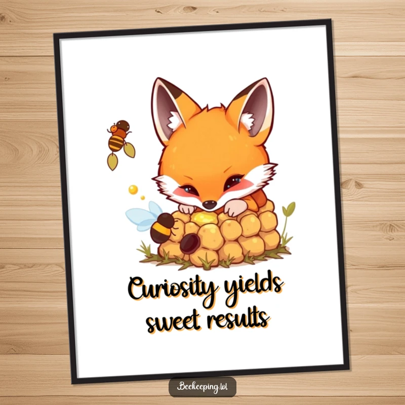 Funny Free Printable Wall Art: A fox curiously peering into a bubbling beehive, a fun downloadable wall decor.