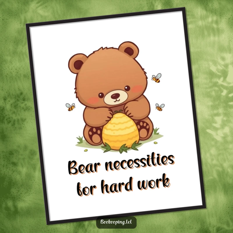 Funny Free Printable Wall Art: A determined bear gently tending to a buzzing bee hive, highlighting dedication.