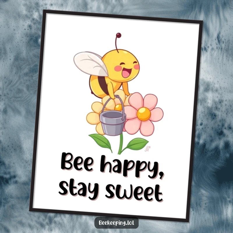 Funny Free Printable Wall Art: A joyful bee arrives with a tiny bucket at a smiling flower.