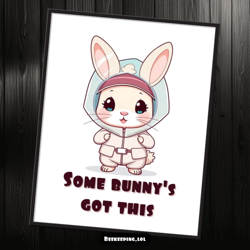 Funny Free Printable Wall Art: A curious rabbit wearing a full bee veil and protective suit.