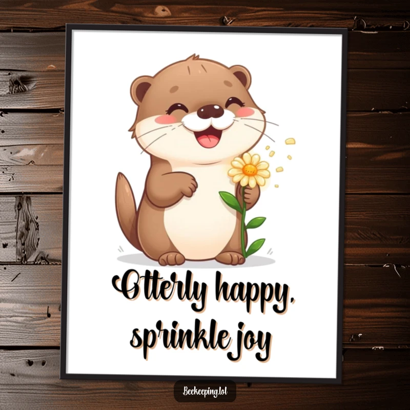Funny Free Printable Wall Art: A playful cartoon otter with a happy grin sprinkles water on a flower, bringing cheer.