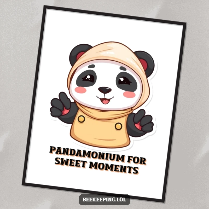 Funny Free Printable Wall Art: A panda wearing a beekeeper veil smiles happily. Adorable and humorous downloadable art.