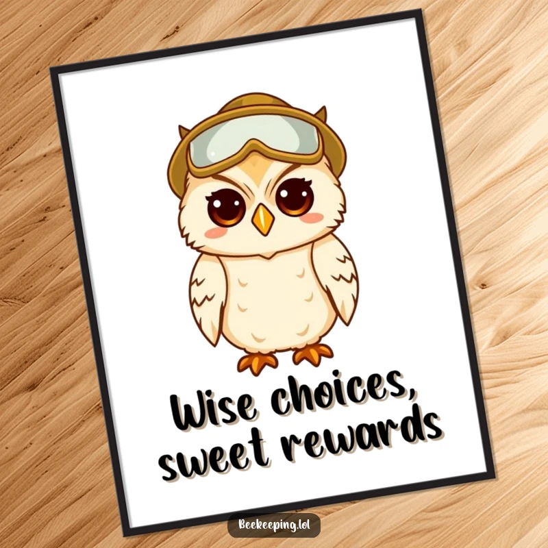 Funny Free Printable Wall Art: A wise and amused owl dressed as a beekeeper, a unique downloadable wall decor.
