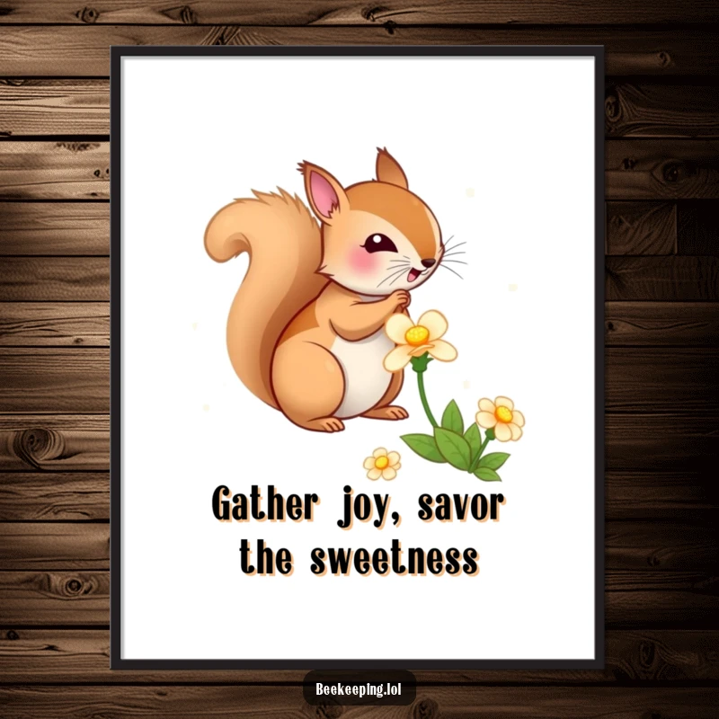 Funny free printable wall art of a bouncy squirrel enthusiastically gathering nectar from a flower.