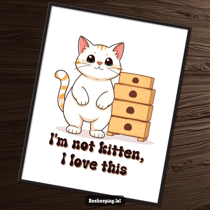 Funny Free Printable Wall Art: A proud cat standing confidently next to a pile of empty beehives, looking superior. Humorous feline decor.