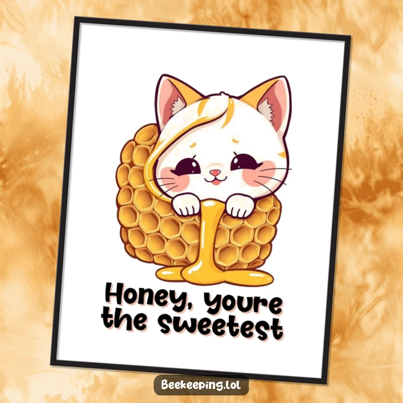 Funny Free Printable Wall Art: Giggling cat curiously peeking into a honeycomb dripping with golden honey.