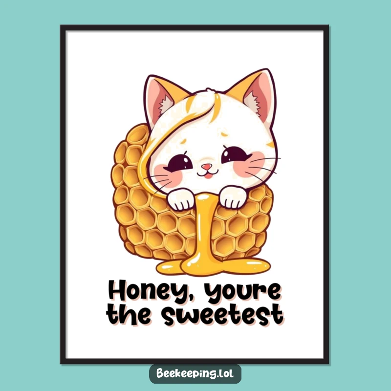Funny Free Printable Wall Art: Giggling Cat Honeycomb Delight, Downloadable Decor!