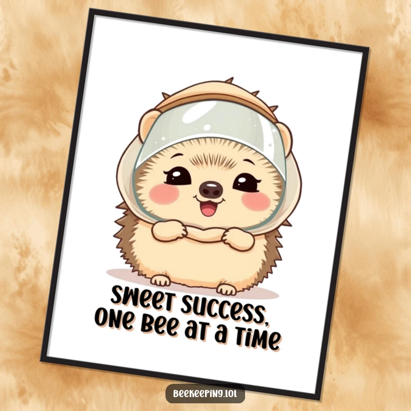 Funny Free Printable Wall Art of a giggling hedgehog in a tiny beekeeper veil, offering a humorous and charming visual.