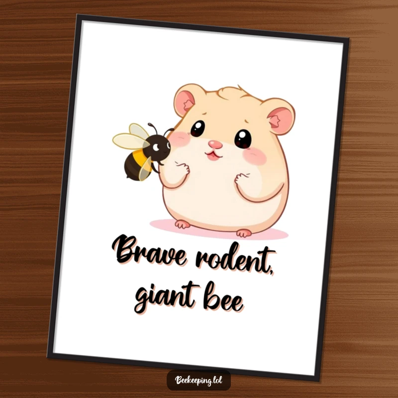 Funny Free Printable Wall Art featuring a plump hamster with wide eyes staring at a comically oversized bee, perfect for downloadable decor.