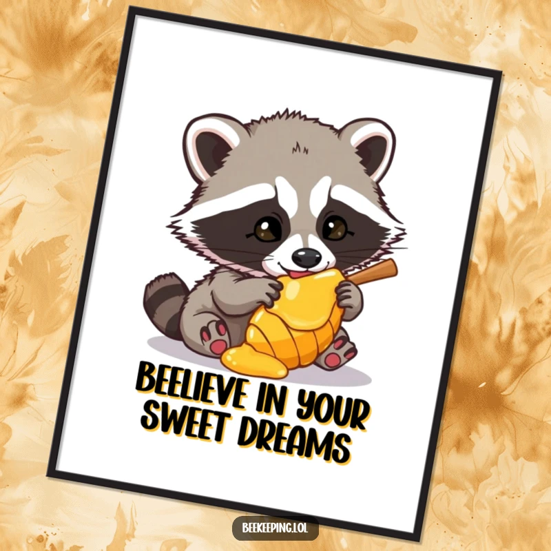 Funny Free Printable Wall Art featuring a raccoon comically stealing honey from a comb, perfect for quirky downloadable decor.