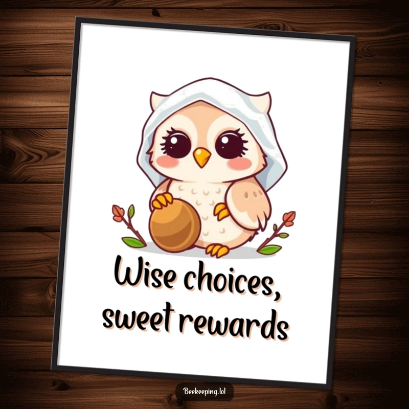 Funny free printable wall art of a smiling owl wearing a veil, tending a busy beehive.