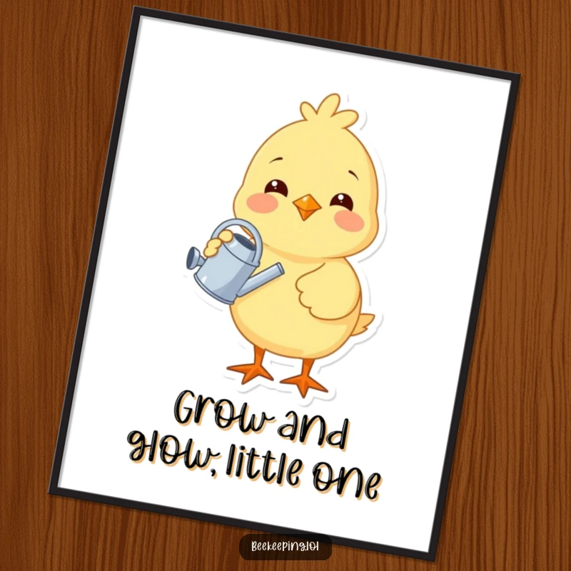 Funny Free Printable Wall Art of a cheerful chick holding a tiny watering can, adding a touch of whimsy and humor to any room.