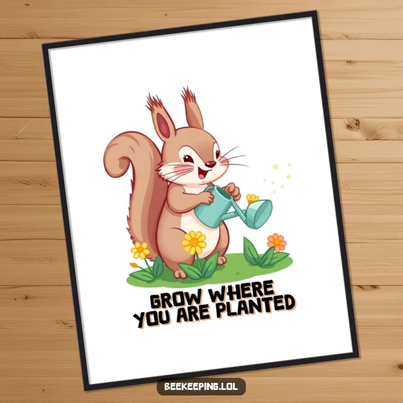 Funny Free Printable Wall Art: A squirrel enthusiastically sprays a flower with a tiny watering can. Playful and vibrant downloadable art.