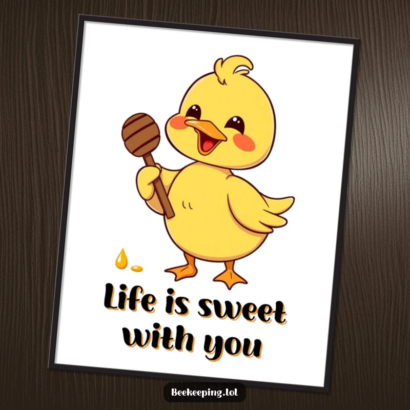 Funny Free Printable Wall Art of a delighted duck holding a honey dipper with glee, adding a playful and humorous touch.