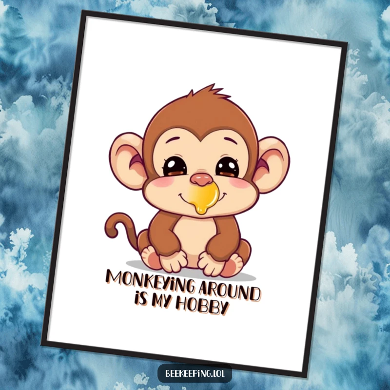 Funny Free Printable Wall Art: A silly monkey with a prominent drip of honey on its nose, looking mischievous. Humorous jungle decor.