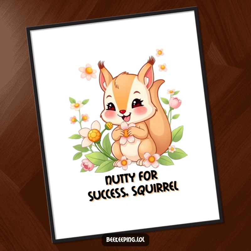 Funny Free Printable Wall Art: Smiling squirrel collecting nectar from a flower, a charming and humorous downloadable piece for any room.