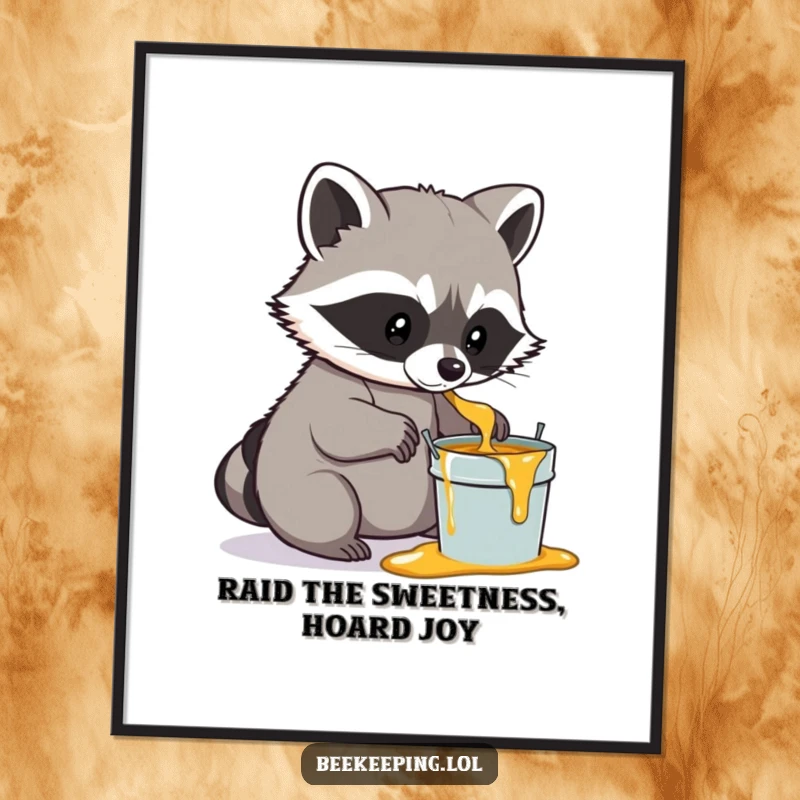 Funny free printable wall art of a determined raccoon carefully scooping honey into a small pail.