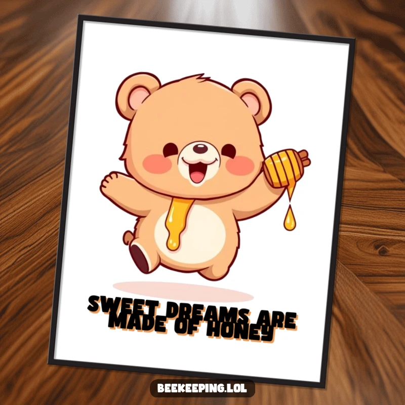 Funny Free Printable Bear Wall Art: An excited fluffy bear gleefully holding a dripping honey pot, ready to bring smiles.