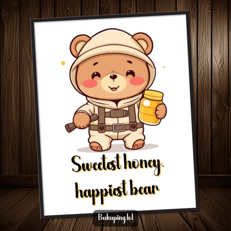 Funny Free Printable Wall Art: A cute cartoon bear dressed as a beekeeper holds a jar of honey, looking content.