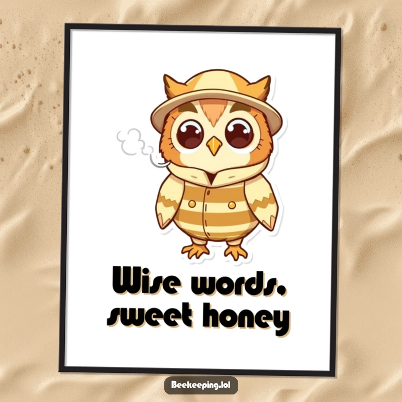 Funny Free Printable Owl Wall Art: Cheerful owl beekeeper holds smoke, creating whimsical and humorous downloadable decor.