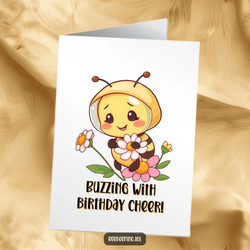 Funny Free Printable Bee Birthday Card: Happy bee in veil examines flower, perfect for humorous DIY greeting cards.