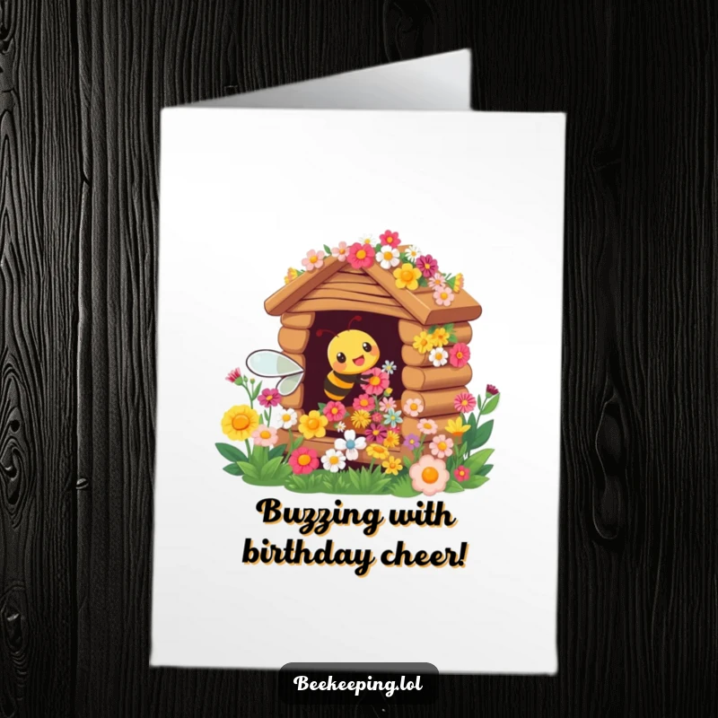 Funny Free Printable Birthday Card: A cheerful busy bee tending an overflowing flower hive, perfect for a DIY gift.