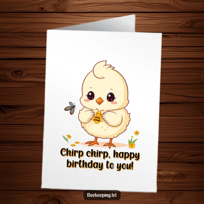 Funny Free Printable Birthday Card: Fluffy chick collecting nectar from a flower, looking cheerful.