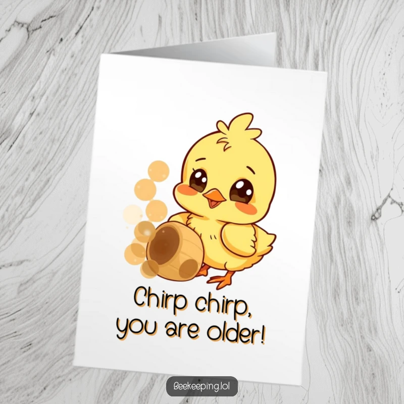 Funny Free Printable Chick Birthday Card: A cheerful chick pecking a honeycomb with wide, curious eyes, ready for fun.