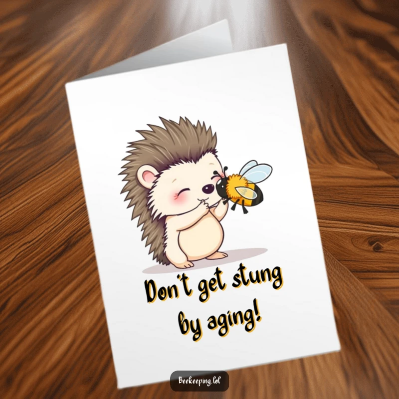 Funny Free Printable Birthday Card: A wobbly hedgehog carefully attempts to brush a bee, a heartwarming downloadable gift.