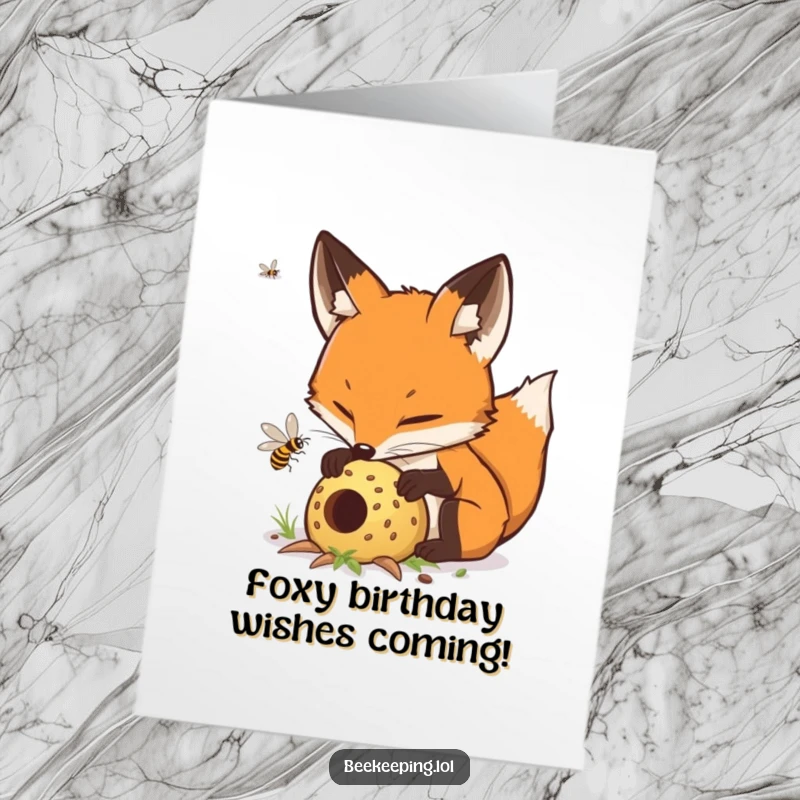 Funny Free Printable Fox Birthday Card: Determined fox tends hive, a clever and humorous DIY greeting.