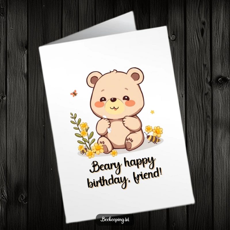 Funny Free Printable Birthday Card: Beaming bear carefully collecting propolis, a warm and humorous downloadable card for birthdays.
