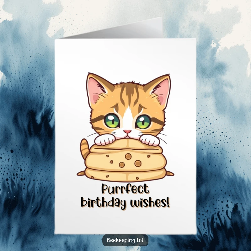 Free Printable Birthday Card: A curious cartoon cat peers intently into a beehive with focused eyes, seeking birthday treats.