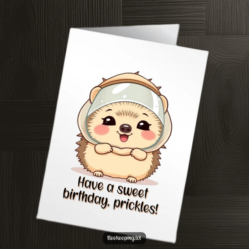 Funny Free Printable Birthday Card featuring a giggling hedgehog in a tiny beekeeper veil, ready to deliver sweet birthday wishes.