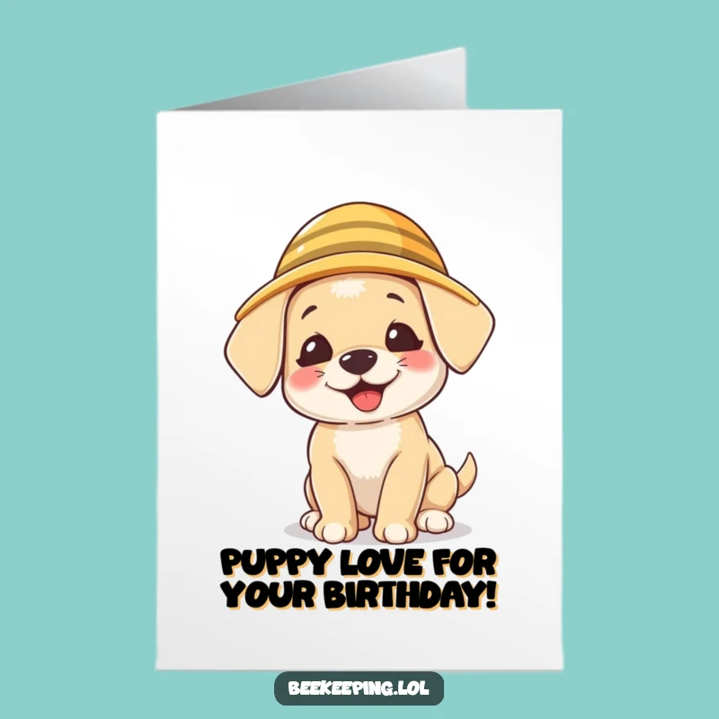 Free Printable Birthday Card: Giggling Puppy Beekeeper Wishes Happy Birthday!