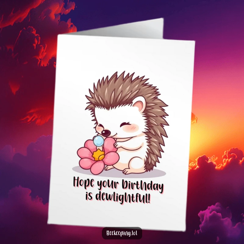 Free Printable Birthday Card: A charming hedgehog delicately touches a dewdrop on a flower. Sweet and serene design.