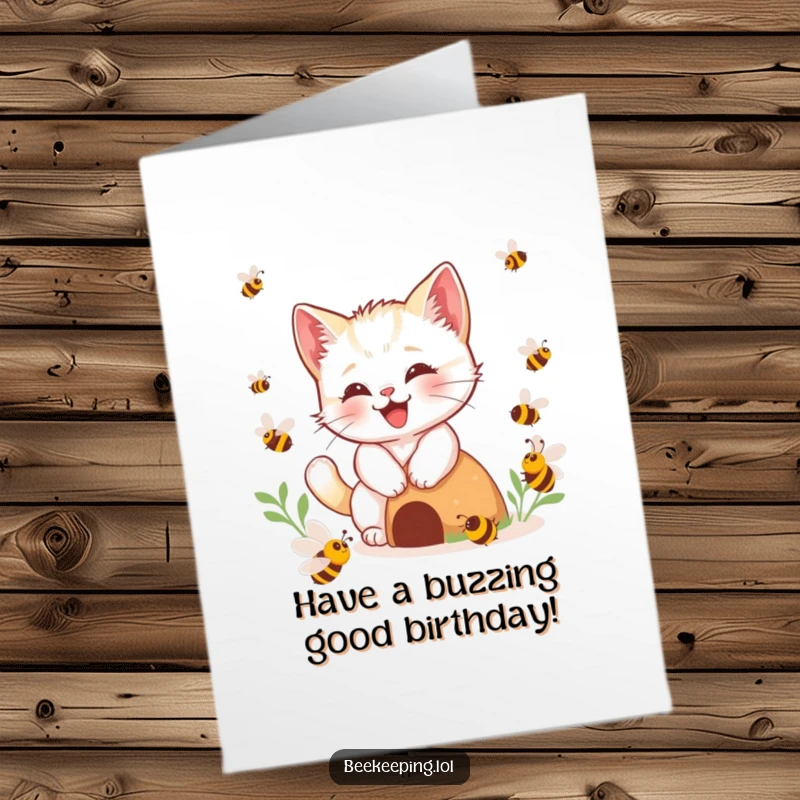 Funny Free Printable Birthday Card: Happy kitten playfully buzzing around imaginary bees near a hive.