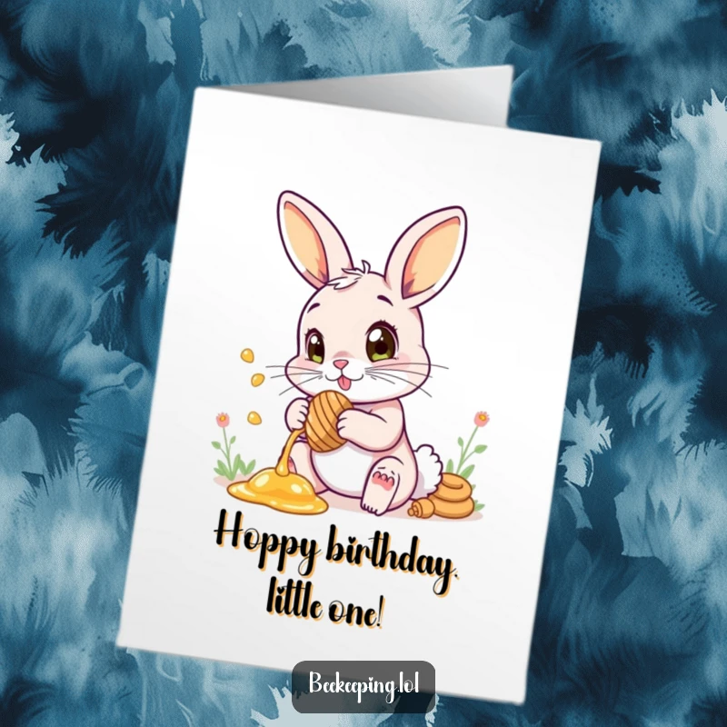 Funny Free Printable Birthday Card: A bunny with wide eyes collecting honey in wonder, a charming DIY gift.