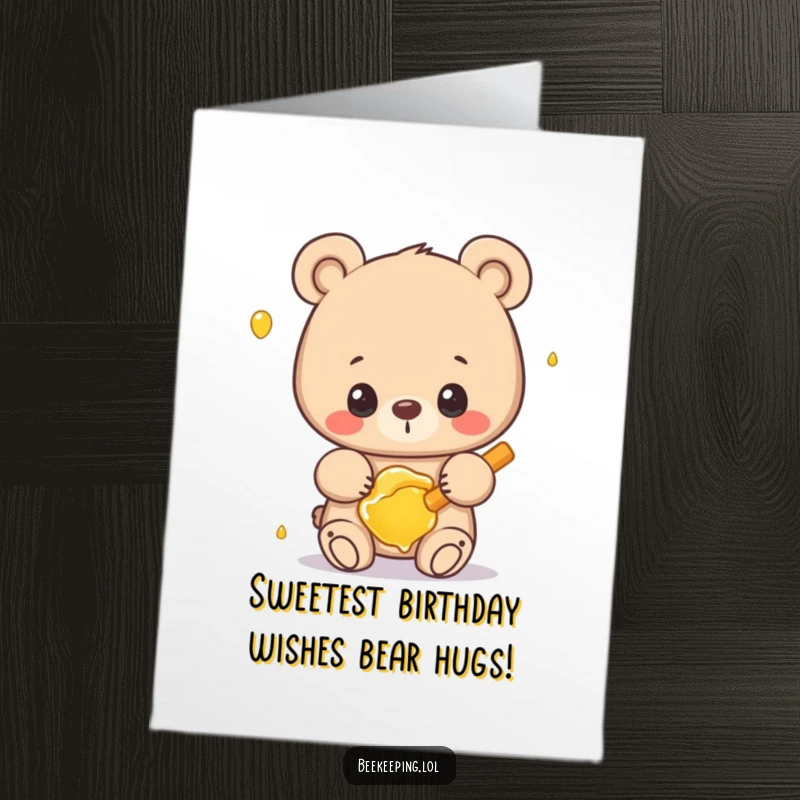 Funny Free Printable Birthday Card: Proud bear holding a frame of honey, smiling contentedly.