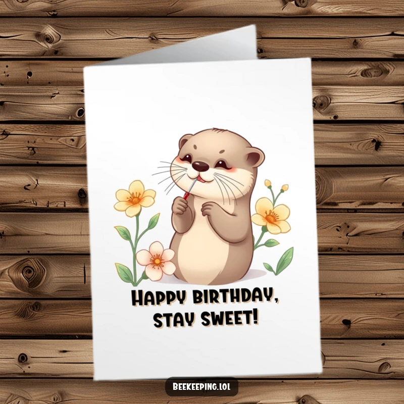 Free Printable Birthday Card illustration of a graceful otter using a tiny tool to collect nectar from a flower, perfect for downloadable wishes.