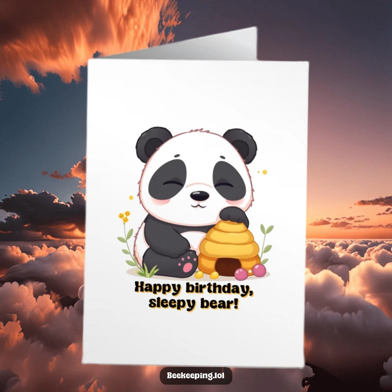 Free Printable Birthday Card illustration of a contented, sleepy panda cub sitting peacefully near a beehive, perfect for downloadable wishes.