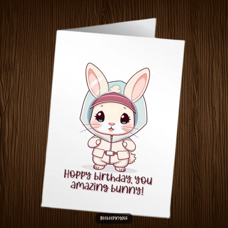 Funny Free Printable Birthday Card: A curious rabbit wearing a veil and protective suit, ready for bees.
