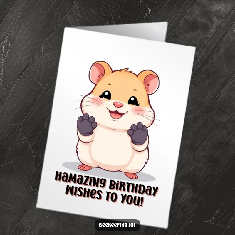 Funny Free Printable Birthday Card: Smiling hamster wearing tiny work gloves, ready for a task.