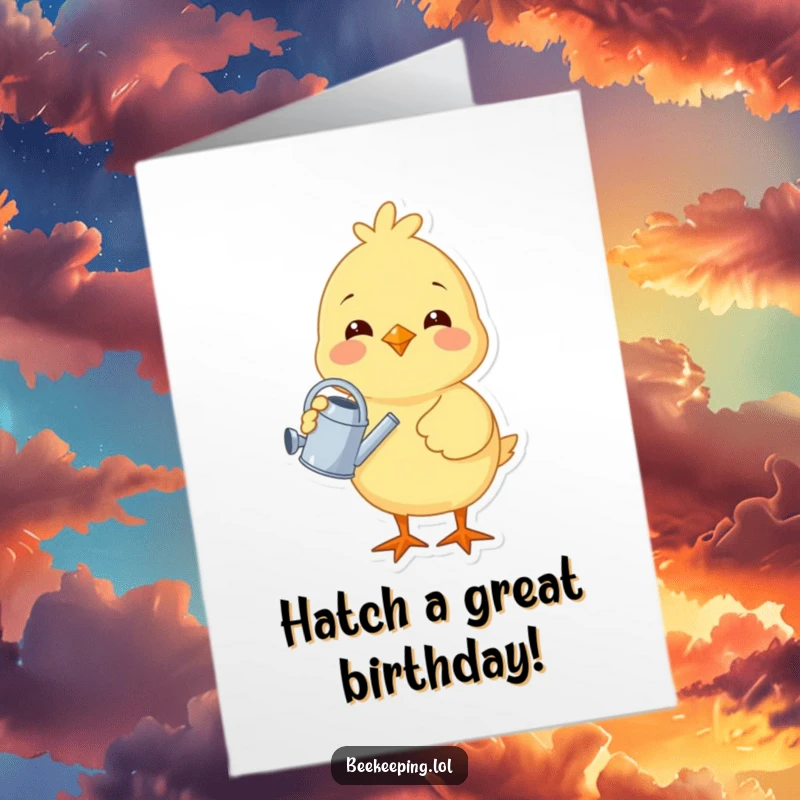 Funny Free Printable Birthday Card featuring a cheerful chick with a tiny watering can, ready to shower loved ones with good wishes.