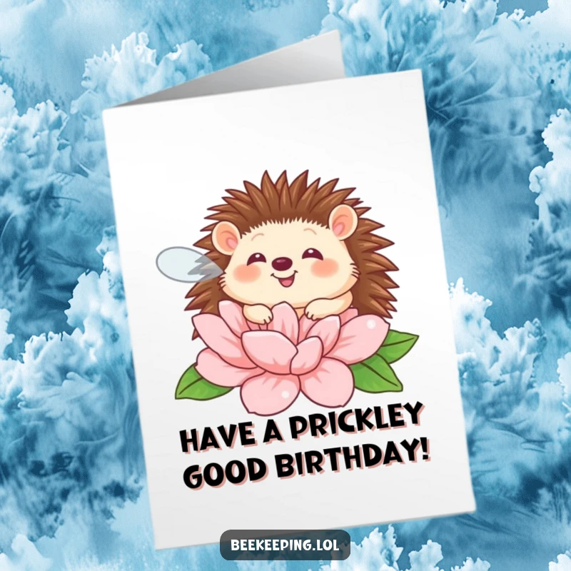 Funny Free Printable Birthday Card: A happy, giggling hedgehog with tiny wings buzzing around a giant, colorful flower. Playful and cheerful.